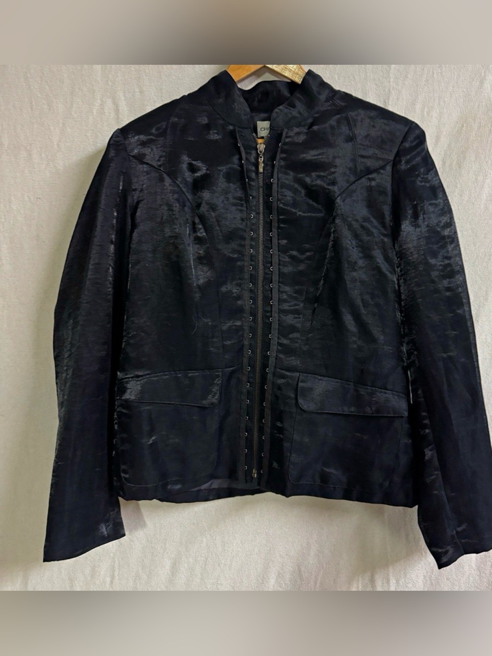 Chico’s Black Shimmer Zip Front Jacket Women’s M Size 1 Lined